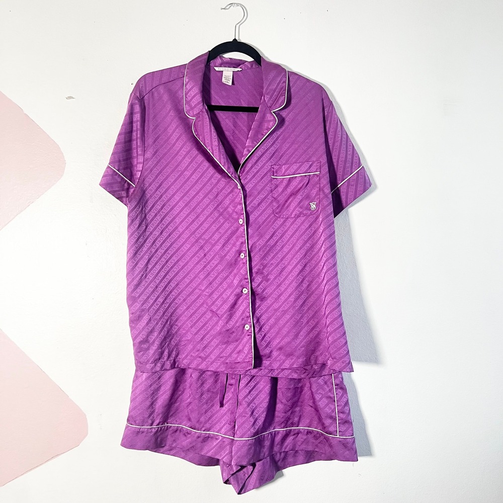 Victoria's Secret Satin Pajama Set Large Purple Logo Shorts Lightweight